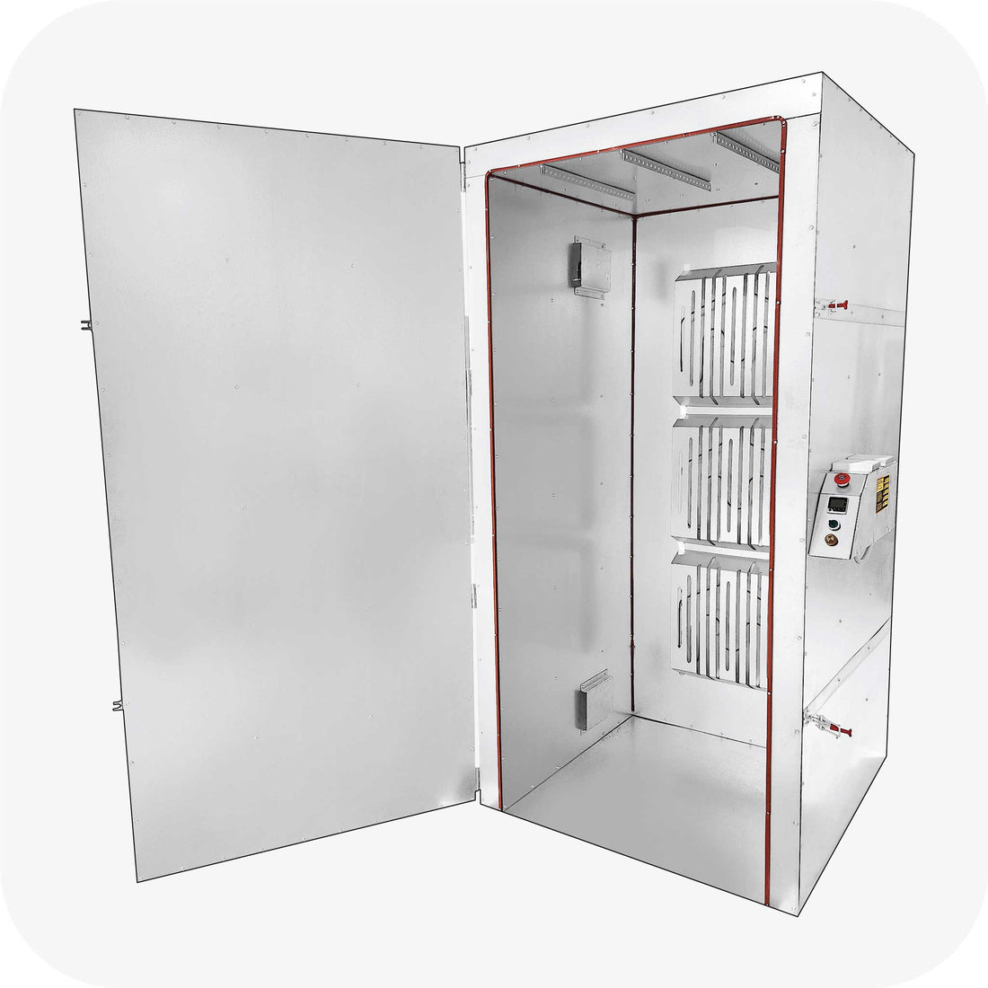 Inside the LA7500SB7 powder coating oven showing insulated walls and element guards