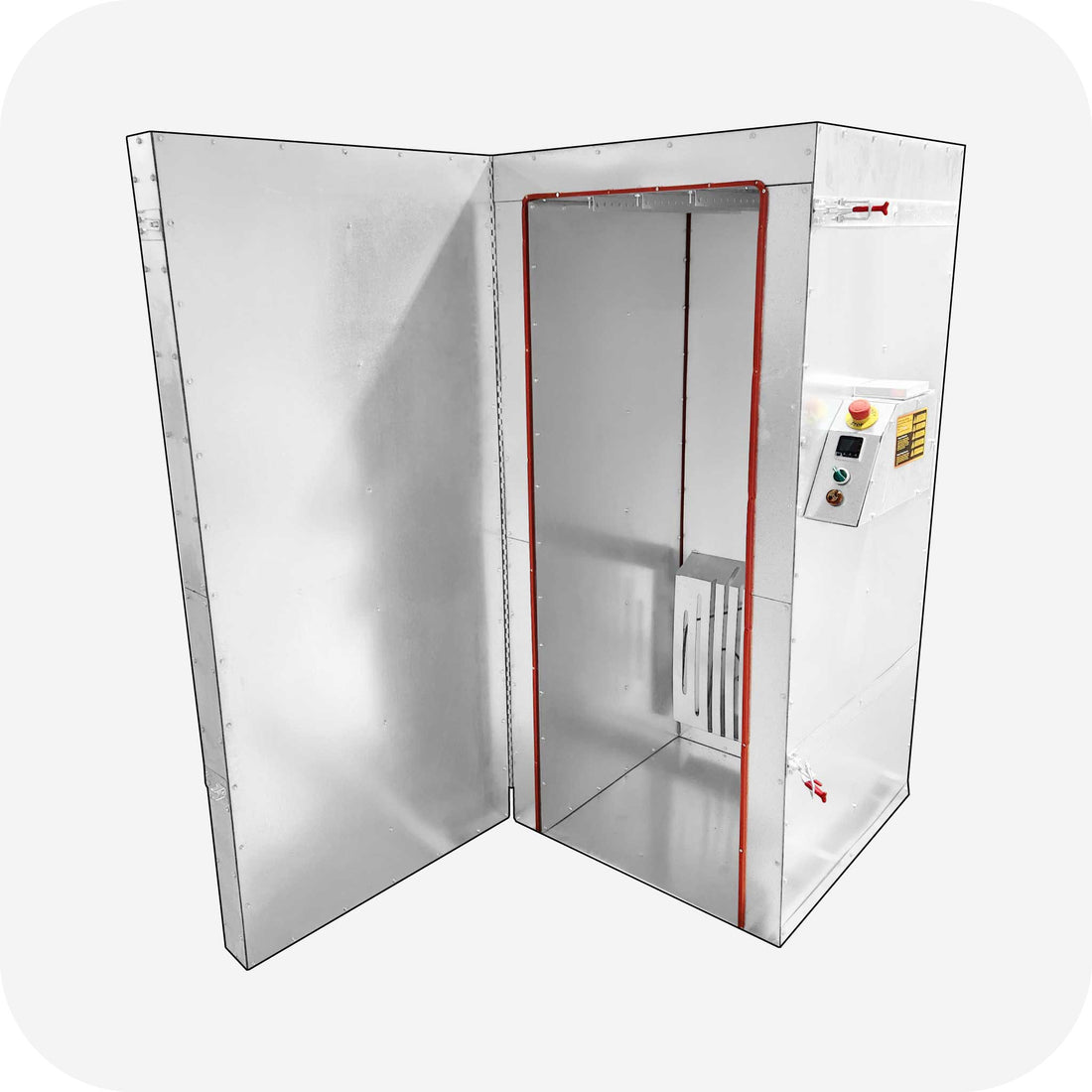 Inside the LA2500B powder coating oven showing insulated walls, element guards, and high-temp door gasket