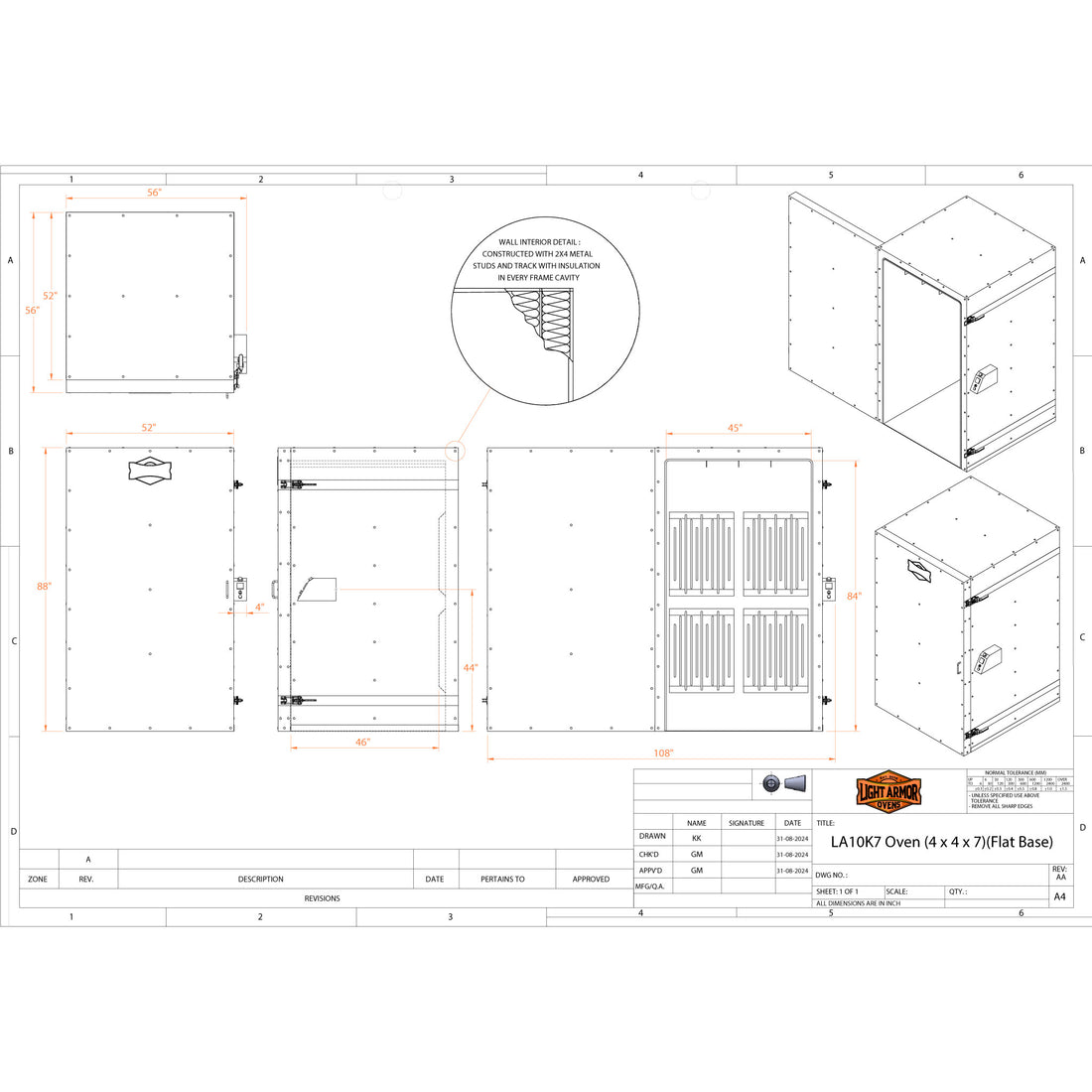 LA10K7 powder coat oven dimensional drawing (4' x 4' x 7')