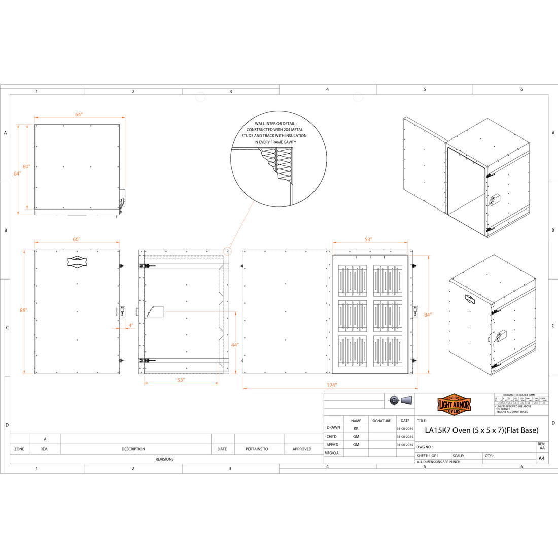 LA15K7 powder coat oven technical drawing with dimensions