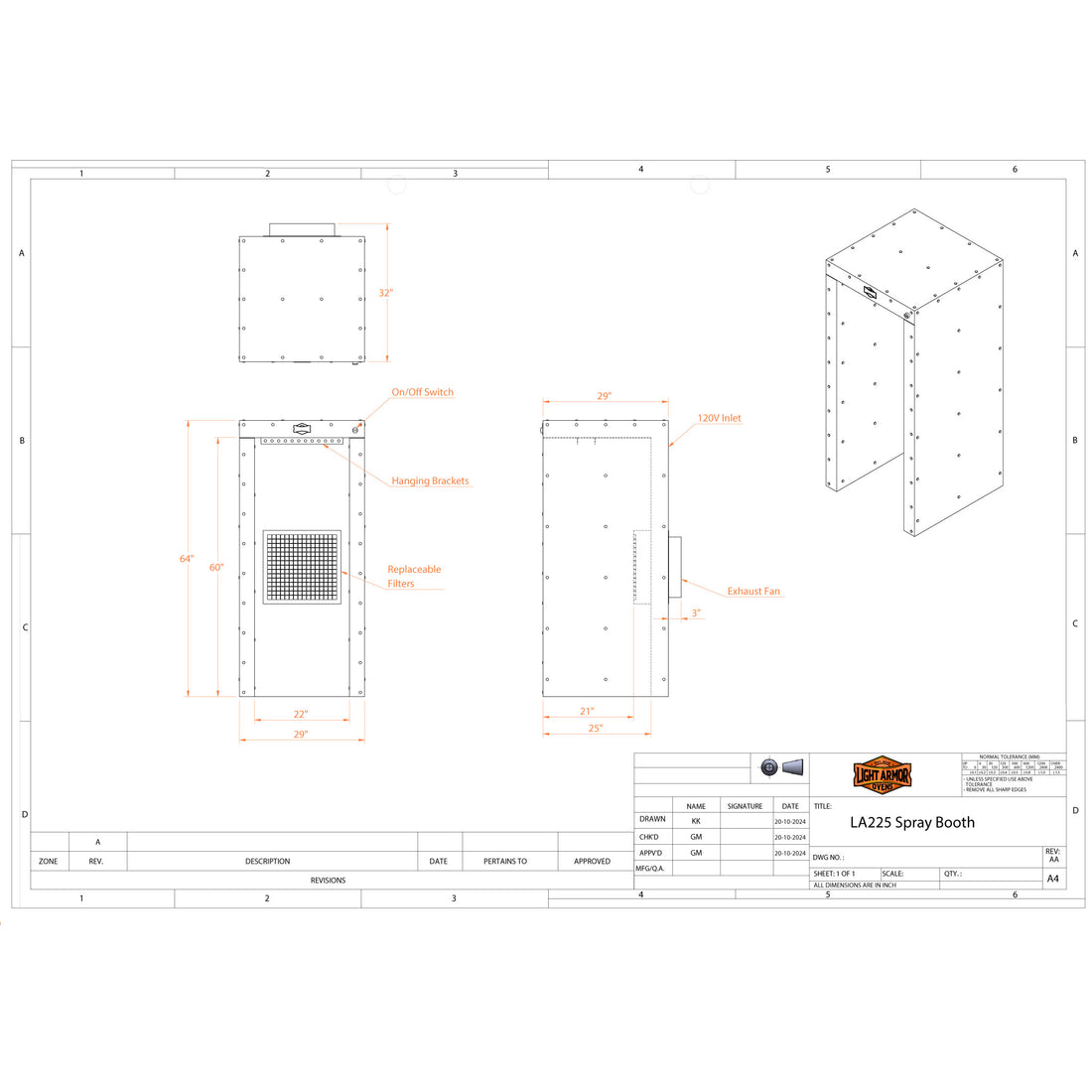 LA225 spray booth dimensional drawing (2' x 2' x 5')