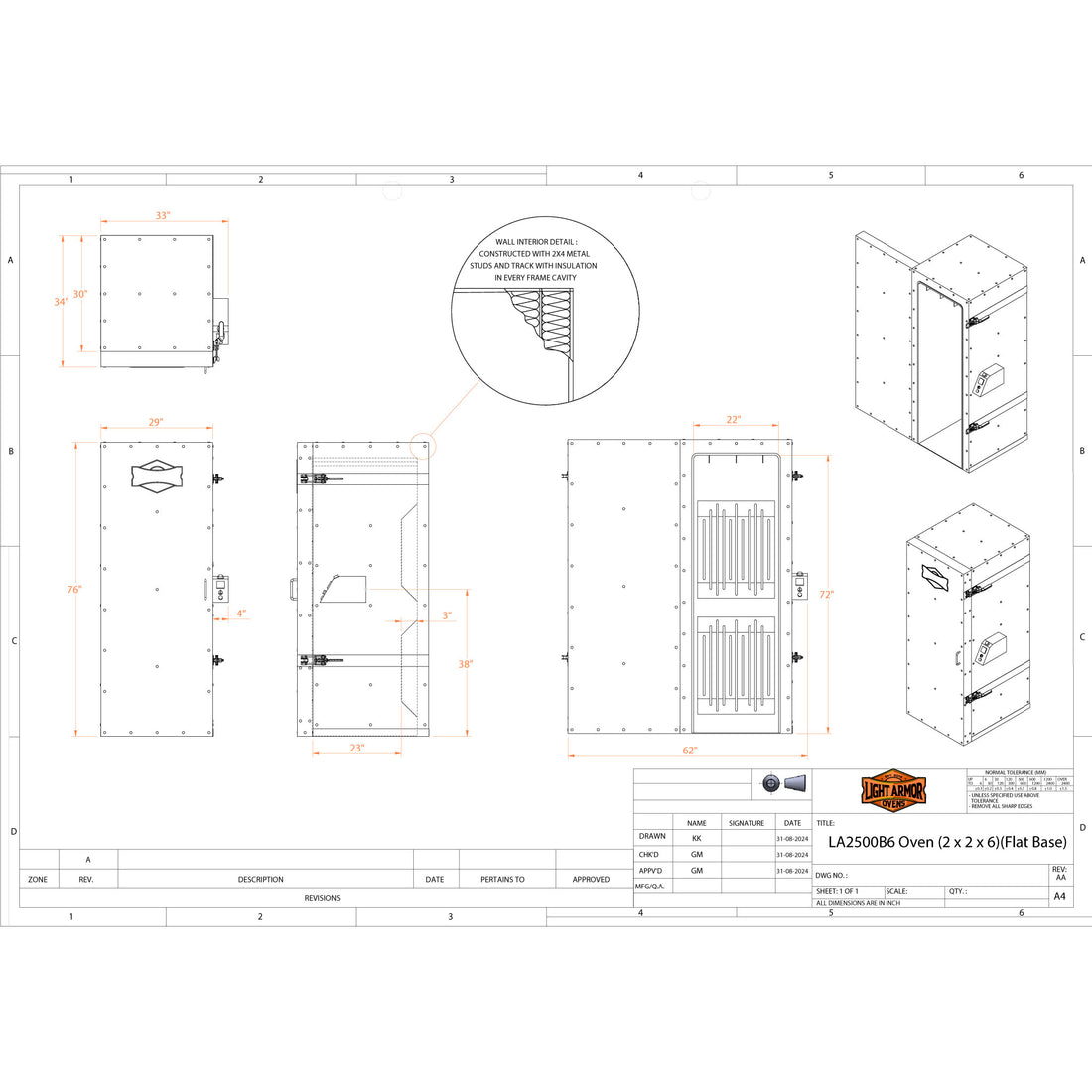 LA2500B6 powder coat oven dimensional drawing (2' x 2' x 6')