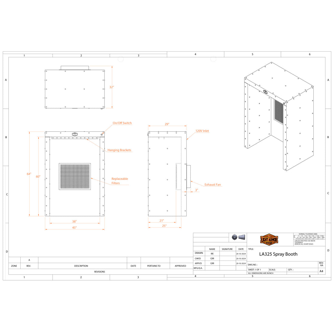 LA325 spray booth dimensional drawing (3' x 2' x 5')