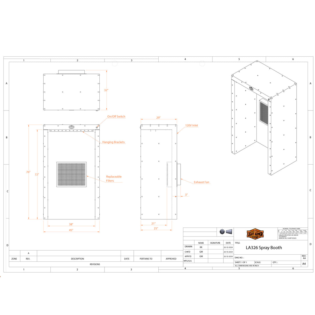 LA326 spray booth dimensional drawing (3' x 2' x 6')