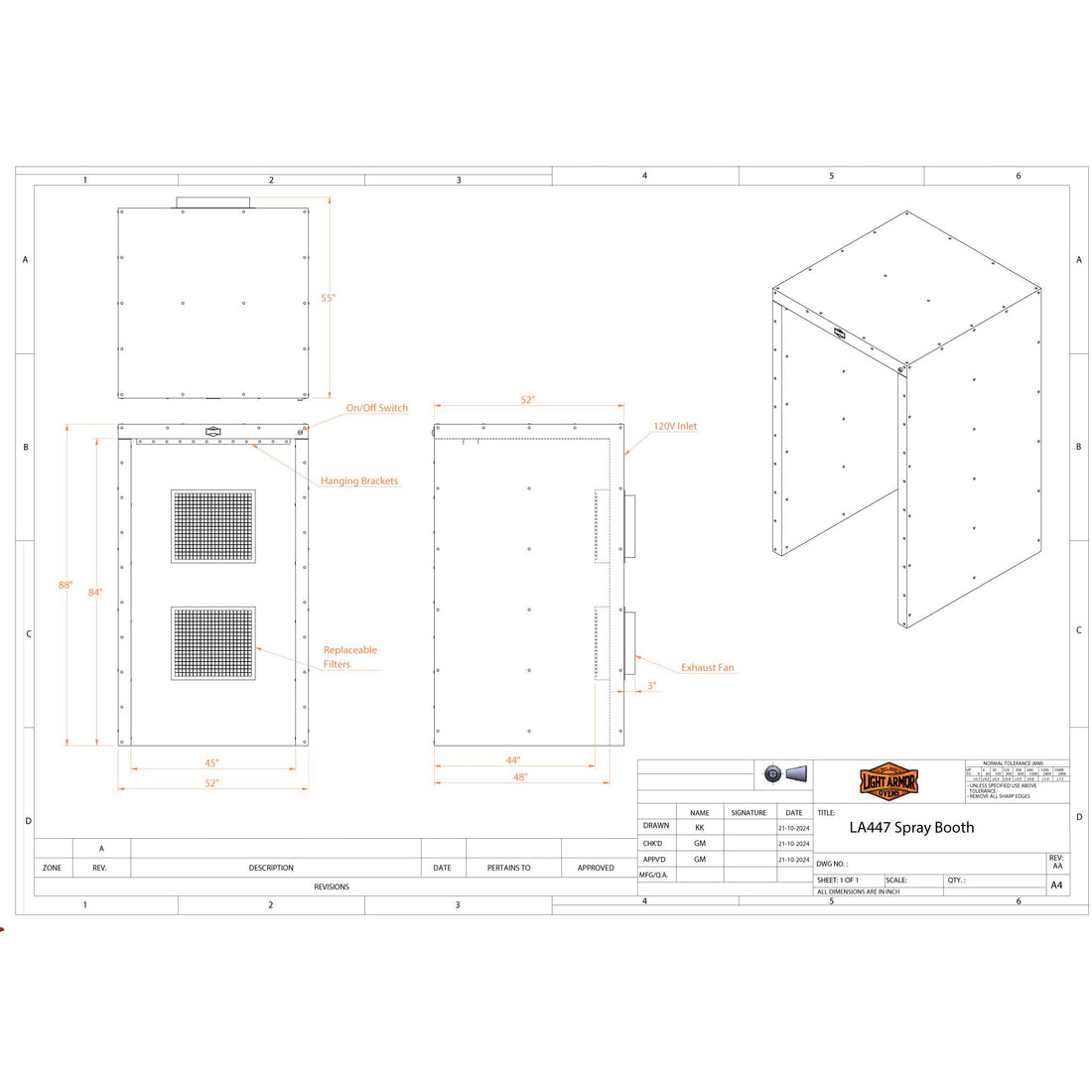 LA447 spray booth dimensional drawing (4' x 4' x 7')