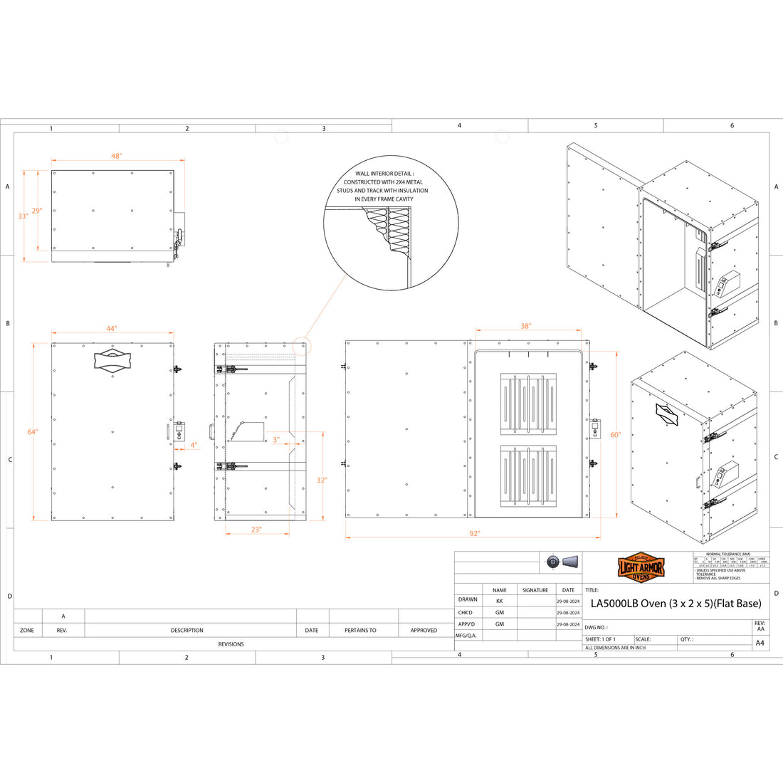 LA5000LB powder coat oven dimensional drawing (3' x 2' x 5')