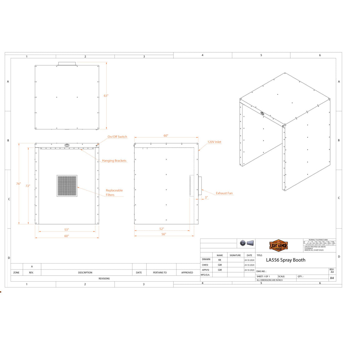 LA556 spray booth dimensional drawing (5' x 5' x 6')