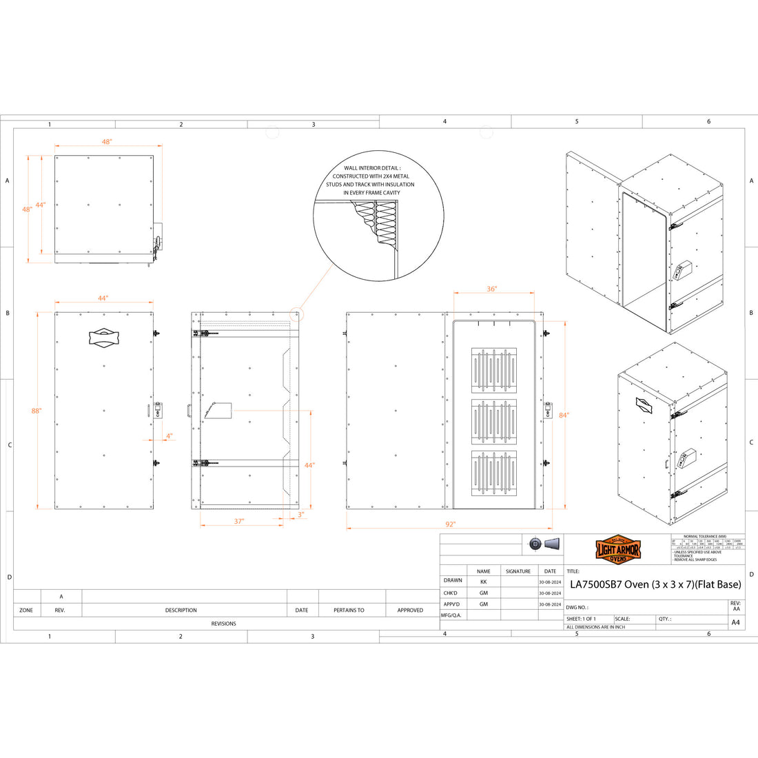 LA7500SB7 powder coat oven dimensional drawing (3' x 3' x 7')