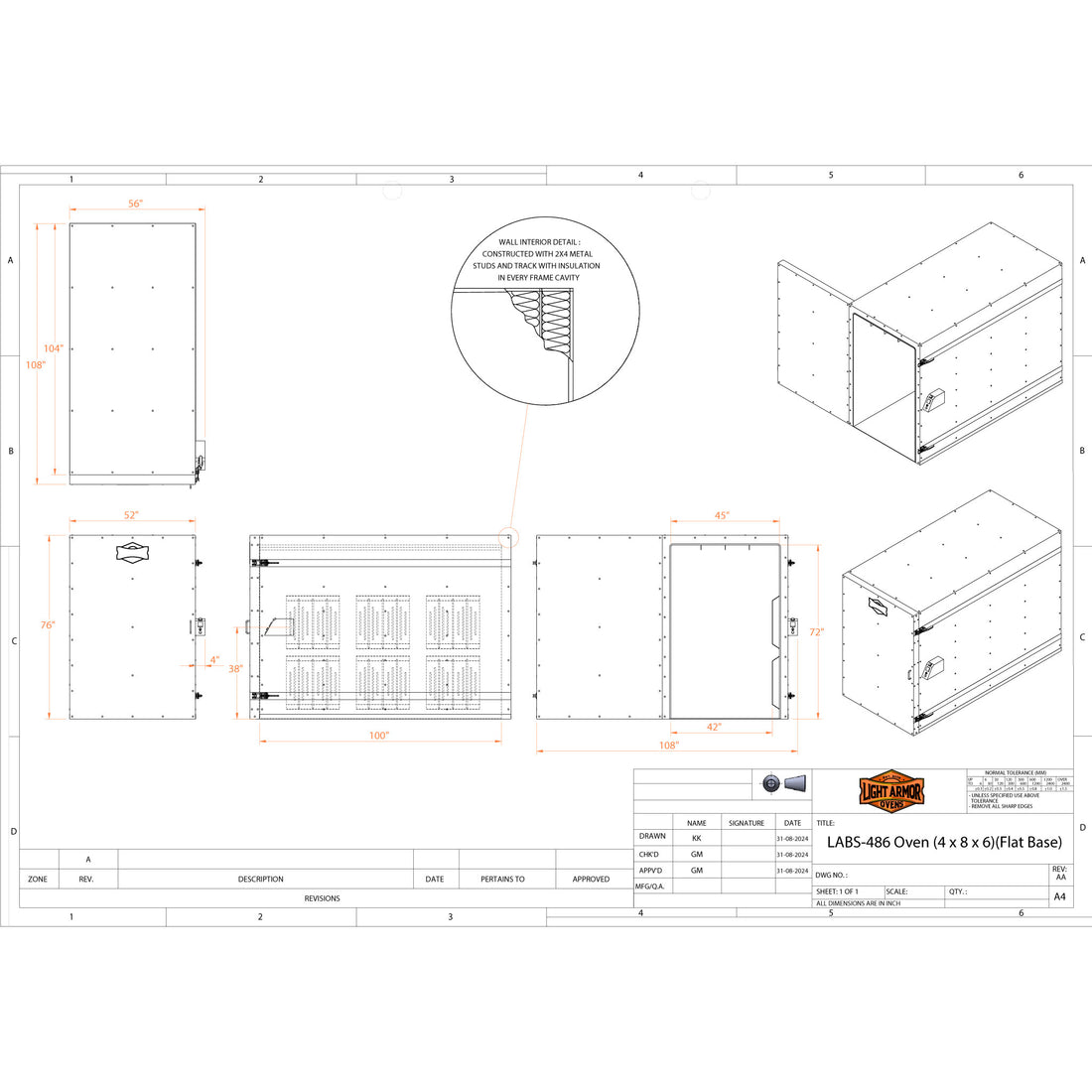 LABS-486 powder coat oven technical drawing with dimensions
