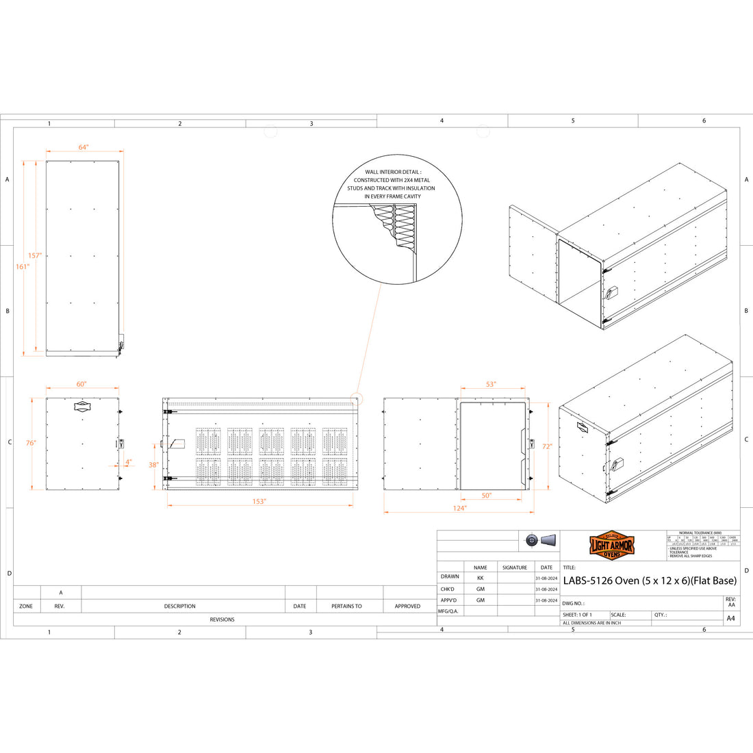 LABS-5126 powder coat oven dimensional drawing (5 x 12 x 6)