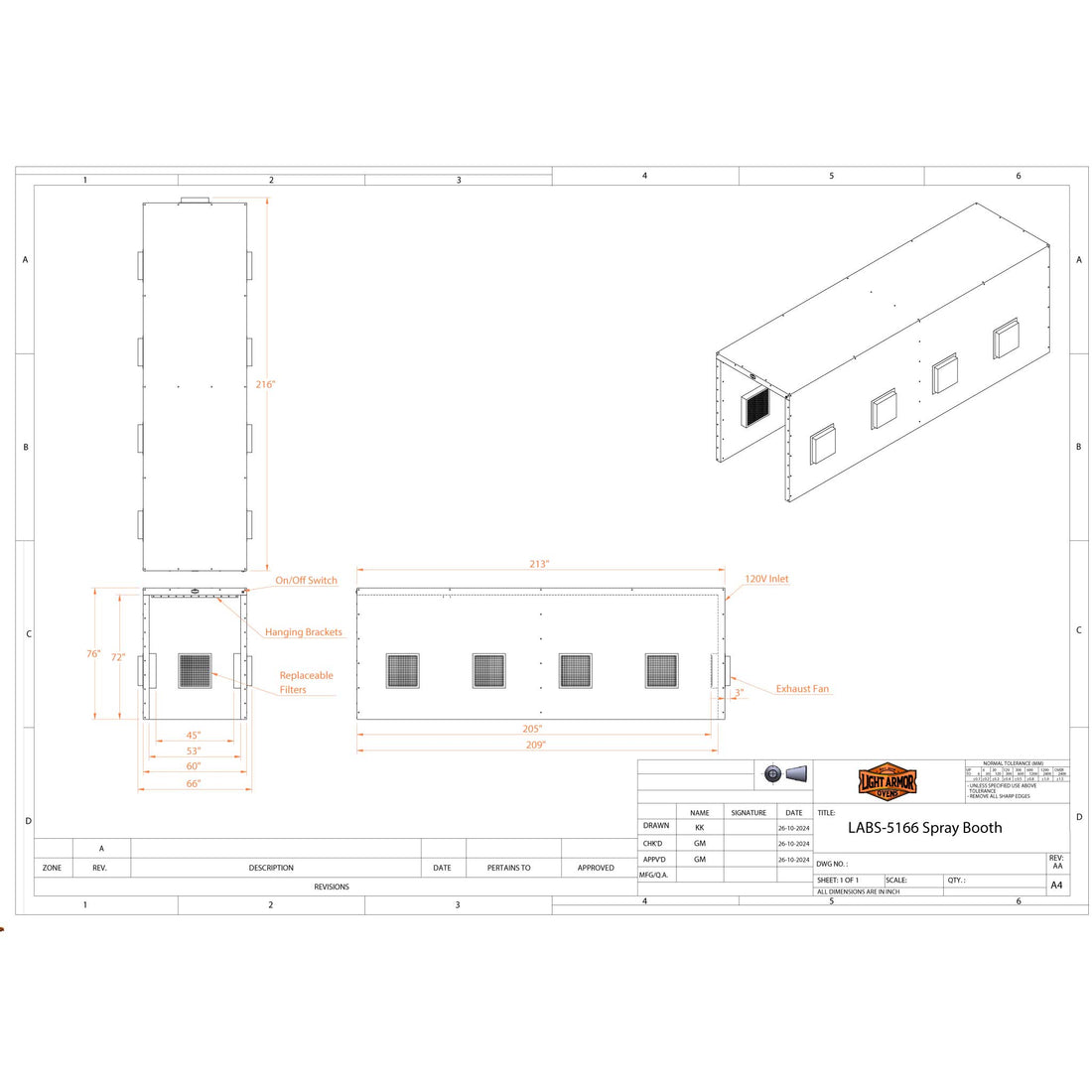 LABS-5166 spray booth dimensional drawing (5 x 16 x 6)