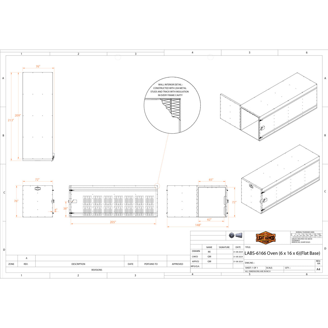 LABS-6166 powder coat oven dimensional drawing (6 x 16 x 6)