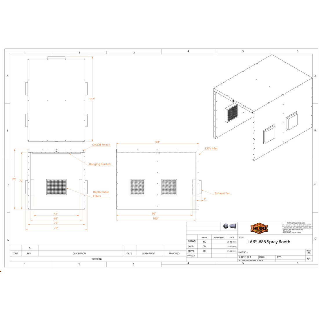 LABS-686 spray booth dimensional drawing (6 x 8 x 6)