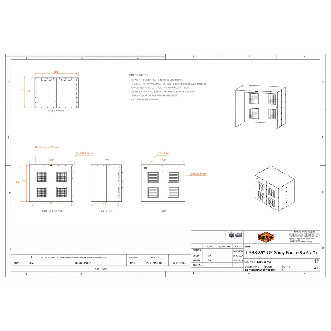 LABS-867-OF open face spray booth dimensional drawing (8 x 6 x 7)