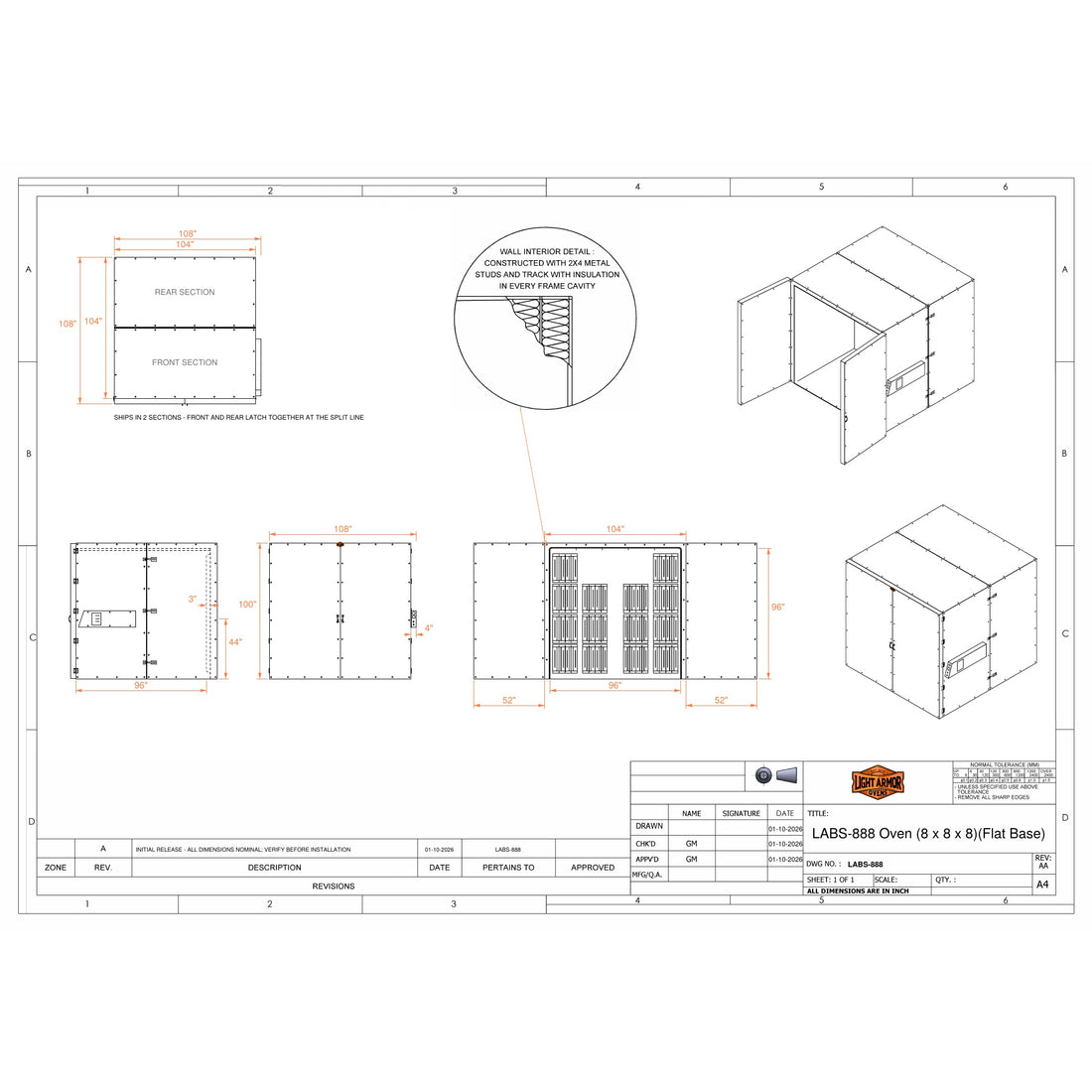 LABS-888 powder coat oven dimensional drawing (8 x 8 x 8)