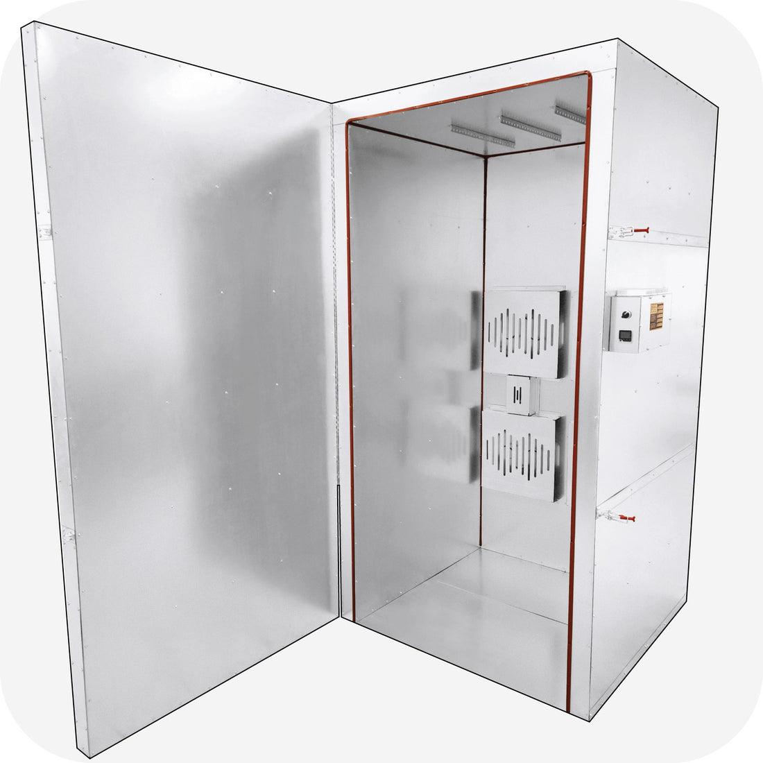Inside the LA10K8 powder coating oven showing insulated walls and element guards