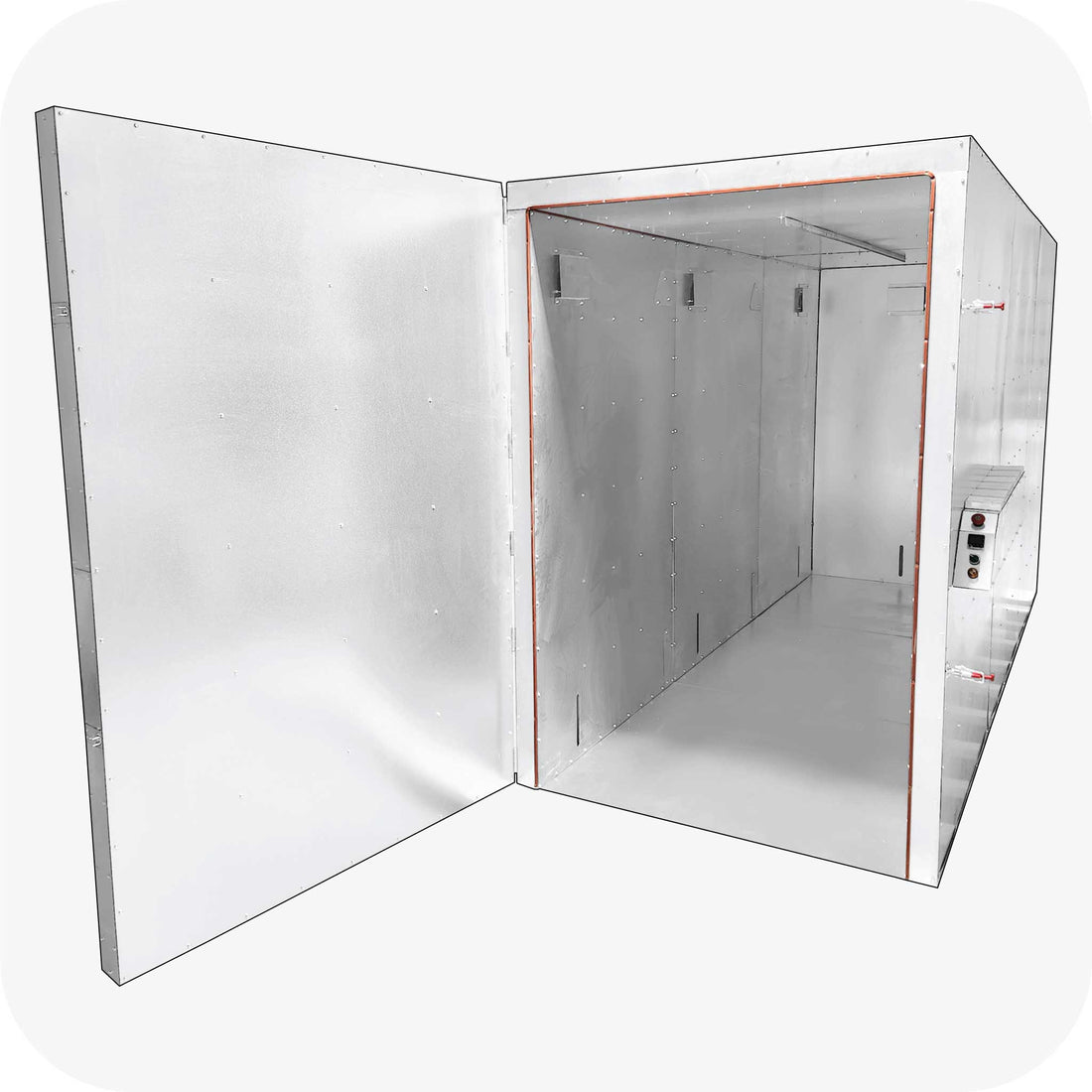 Inside a Light Armor batch style powder coating oven showing insulated walls and element guards