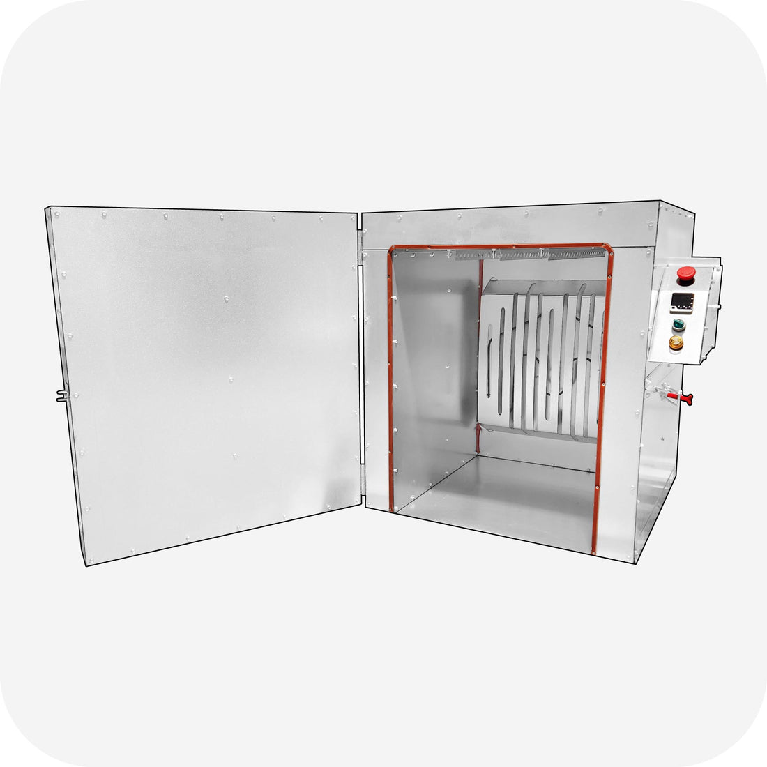 Inside the LA Mini powder coating oven showing insulated walls and element guards