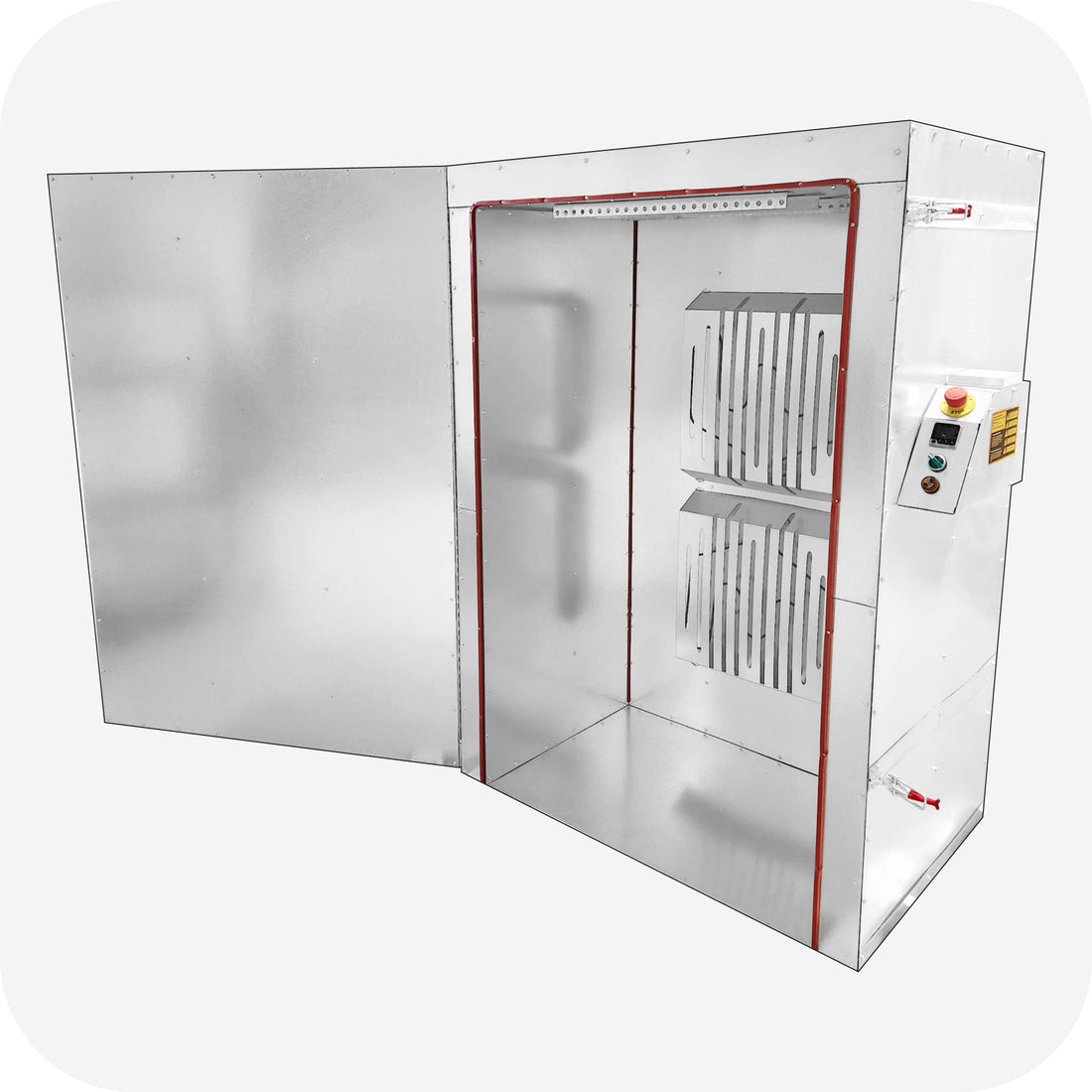 Inside the LA5000LB powder coating oven showing insulated walls and element guards