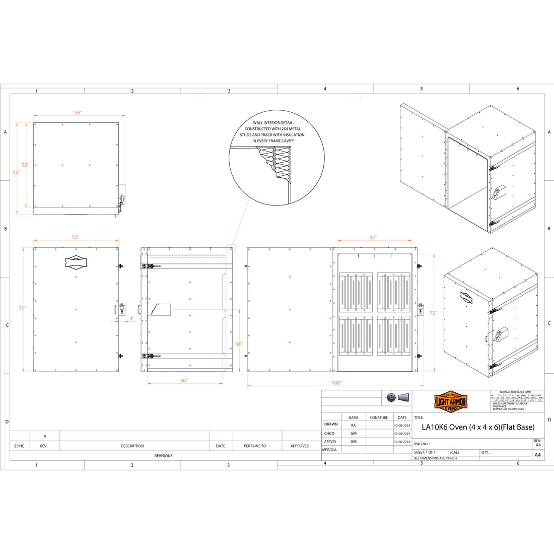 LA10K6 powder coat oven dimensional drawing (4' x 4' x 6')
