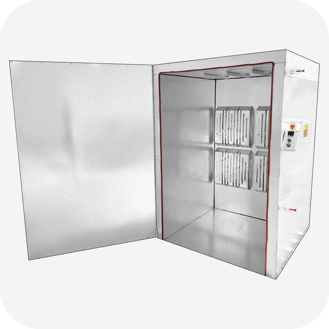 Inside the LA10K6 powder coating oven showing insulated walls and element guards
