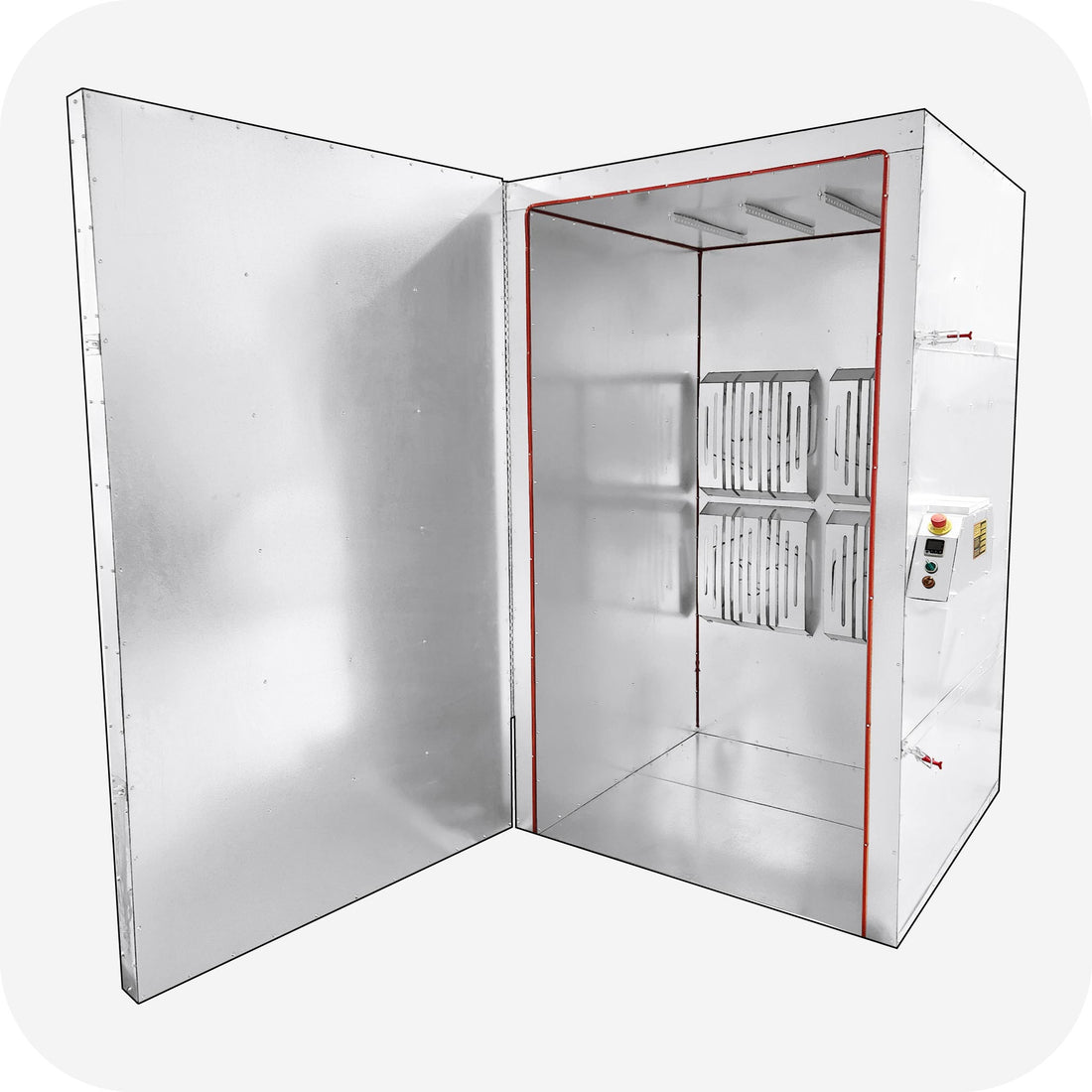 Inside the LA10K7 powder coating oven showing insulated walls and element guards