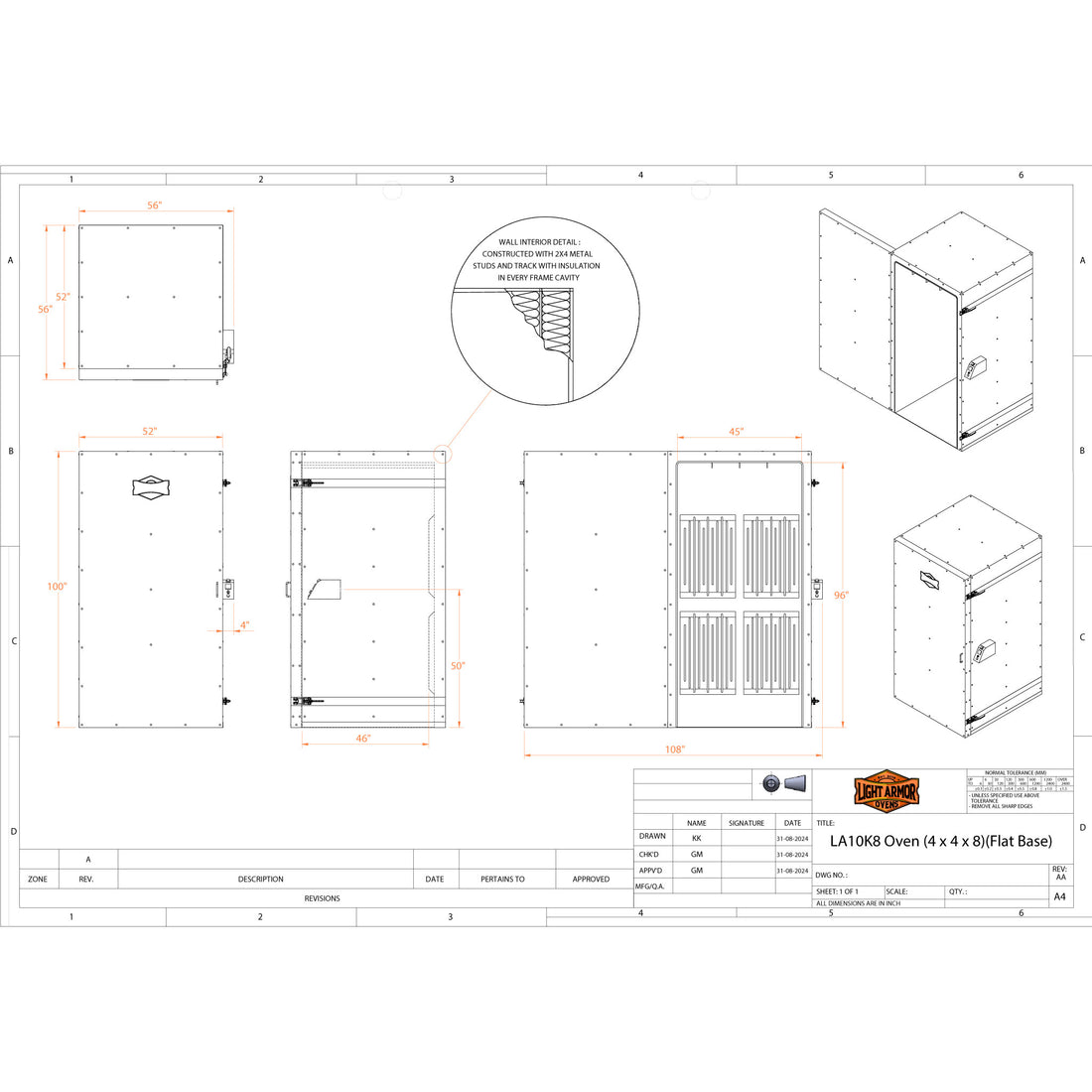 LA10K8 powder coat oven technical drawing with dimensions