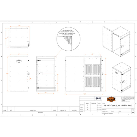 LA10K8 powder coat oven technical drawing with dimensions