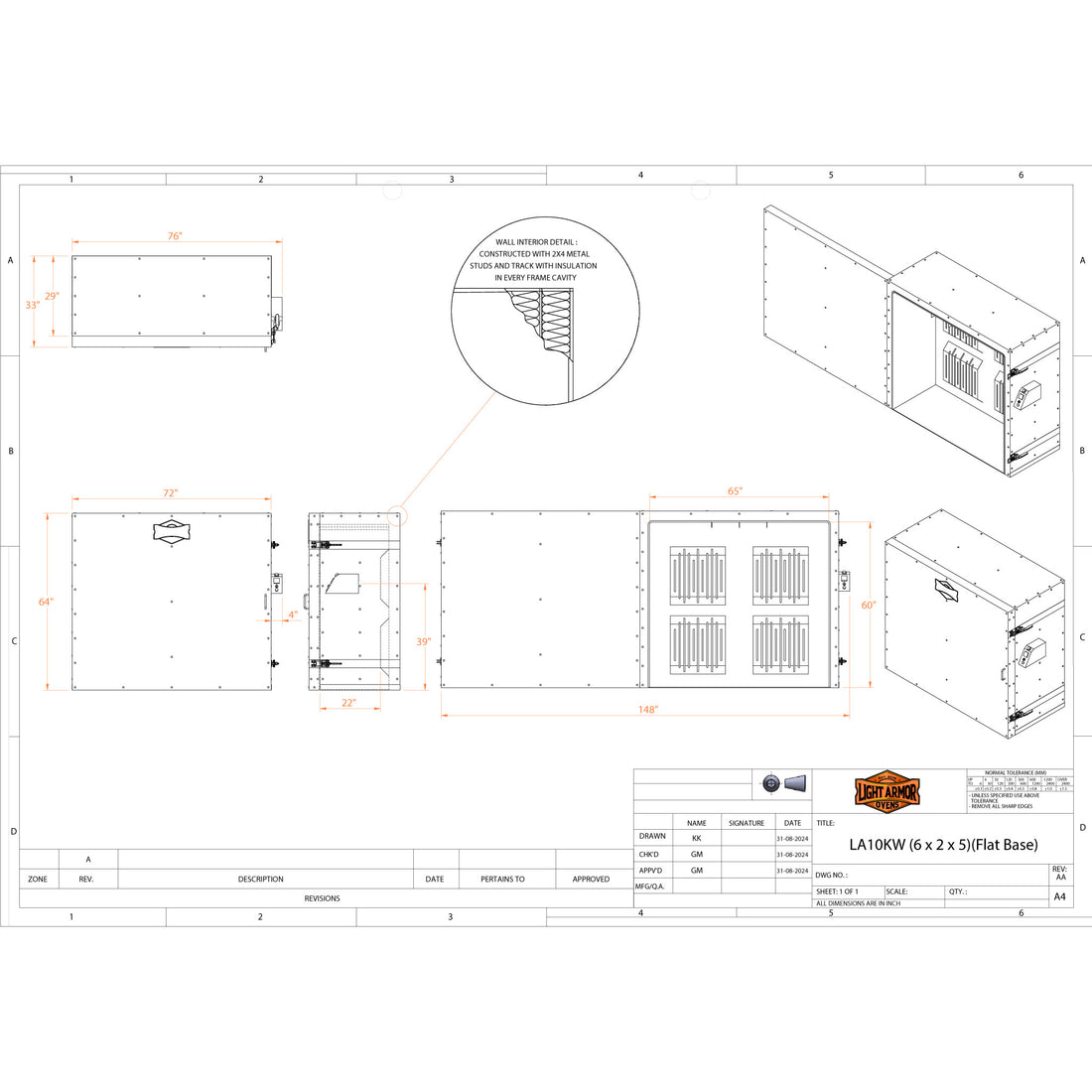 LA10KW powder coat oven dimensional drawing (6' x 2' x 5')