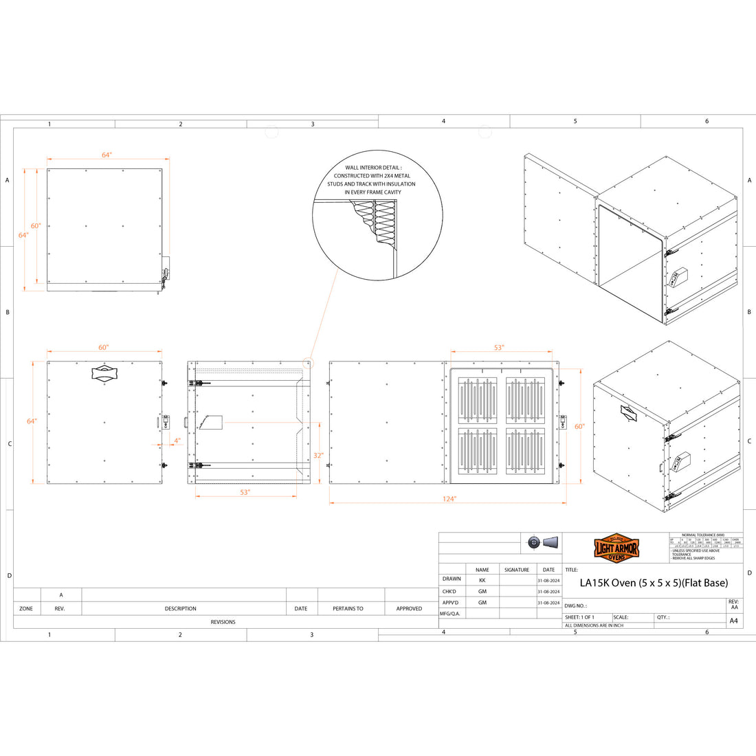 LA15K powder coat oven dimensional drawing (5' x 5' x 5')