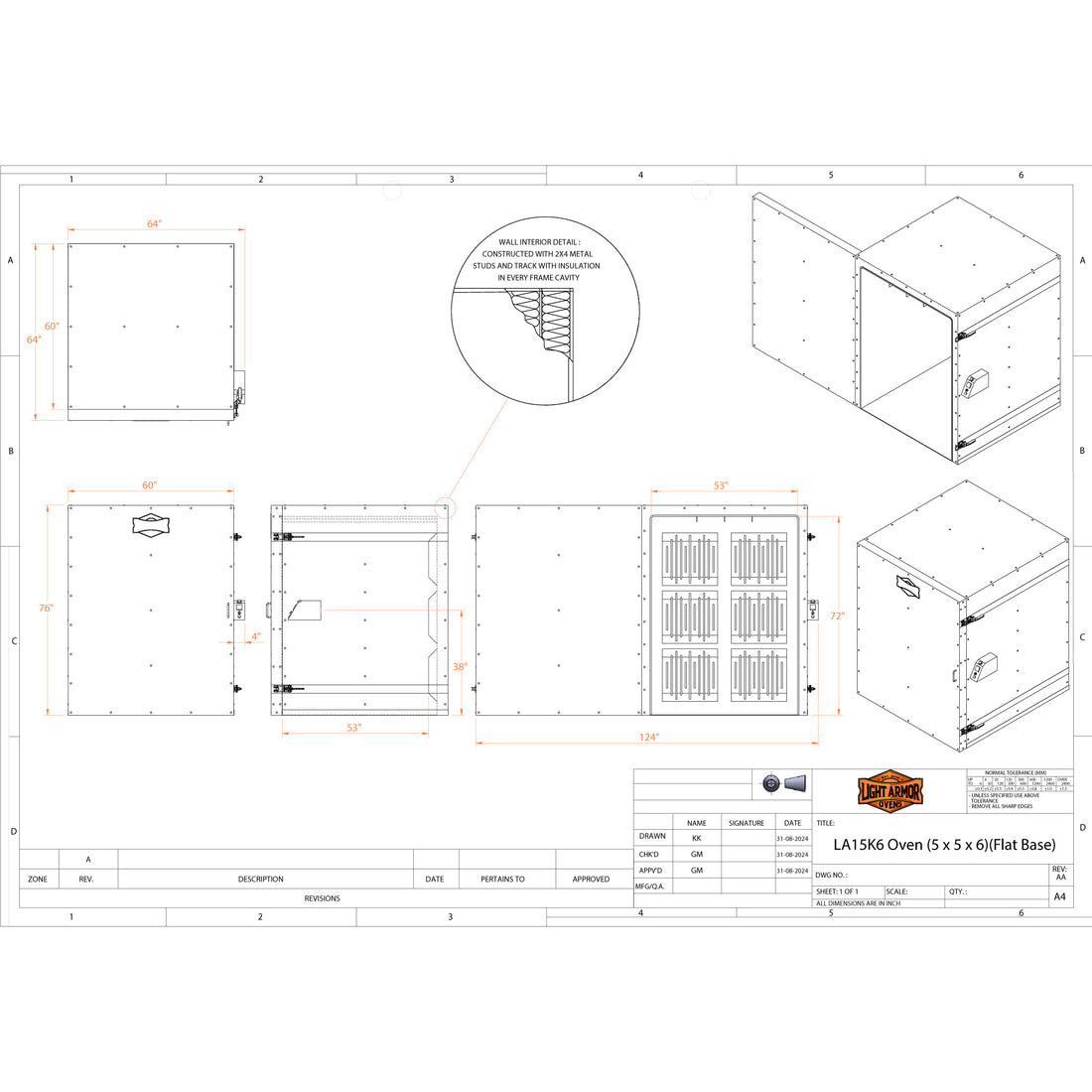 LA15K6 powder coat oven technical drawing with dimensions