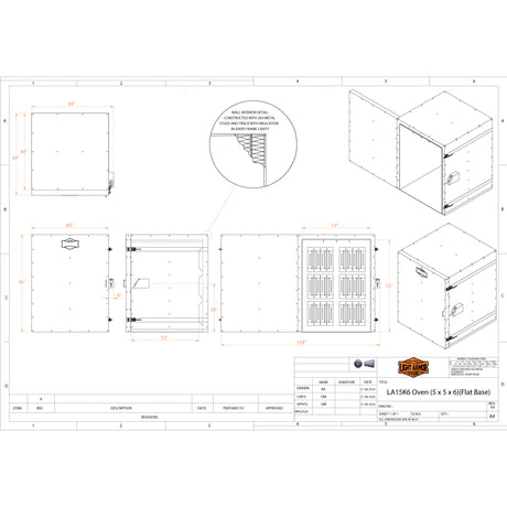 LA15K6 powder coat oven technical drawing with dimensions