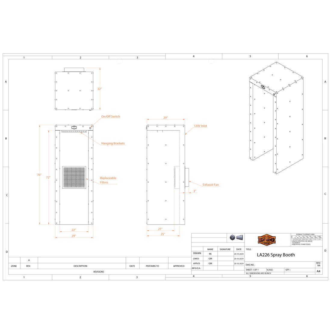 LA226 spray booth dimensional drawing (2' x 2' x 6')