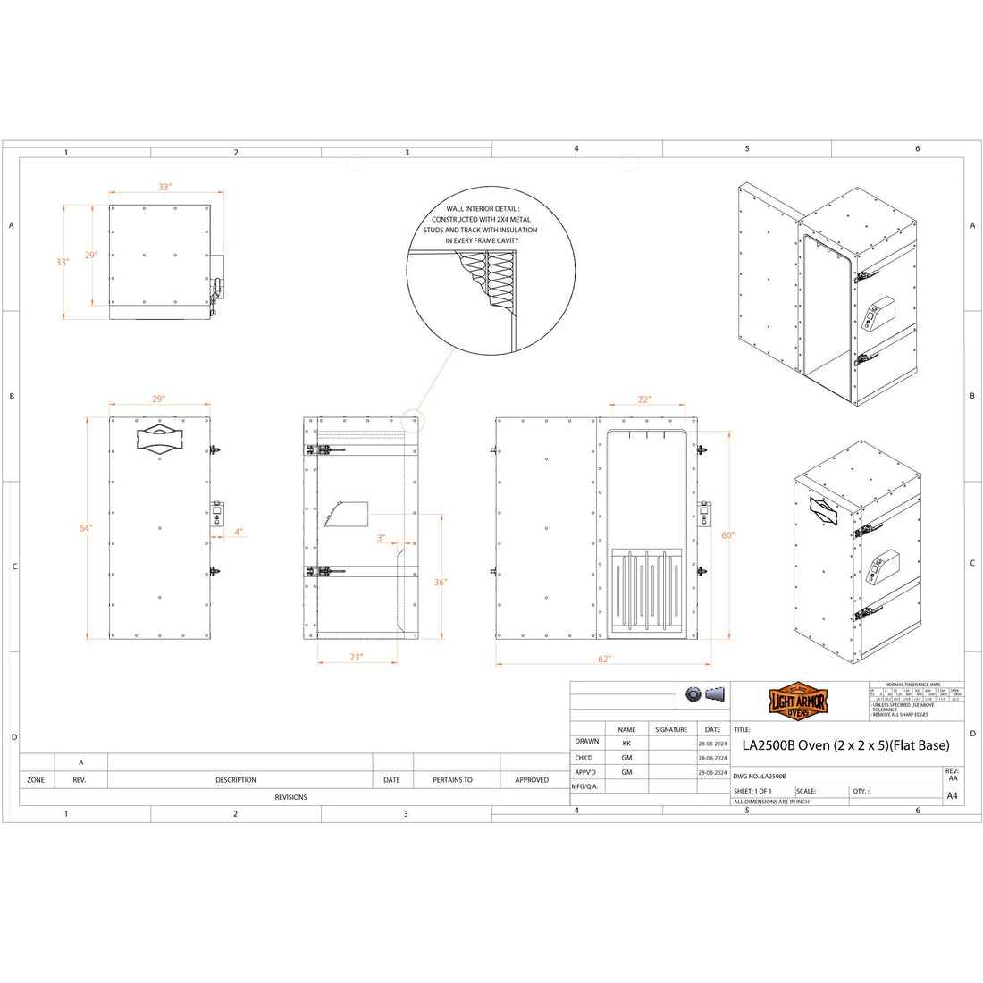 LA2500B powder coat oven technical drawing with exterior dimensions