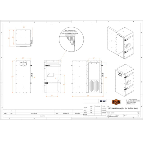 LA2500B powder coat oven technical drawing with exterior dimensions