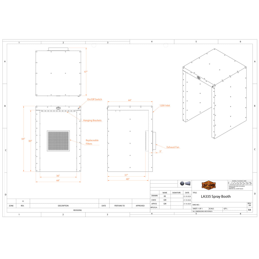 LA335 spray booth dimensional drawing (3' x 3' x 5')