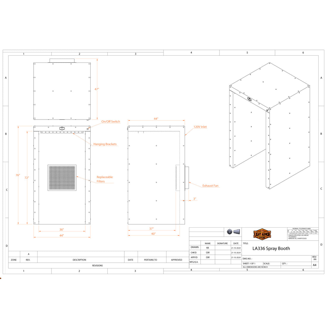 LA336 spray booth dimensional drawing (3' x 3' x 6')