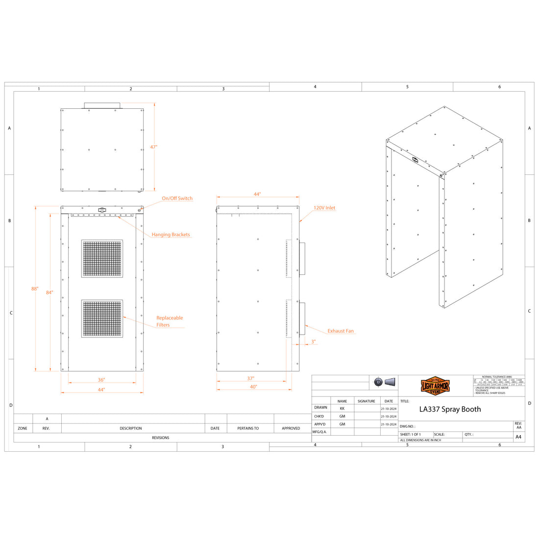 LA337 spray booth dimensional drawing (3' x 3' x 7')