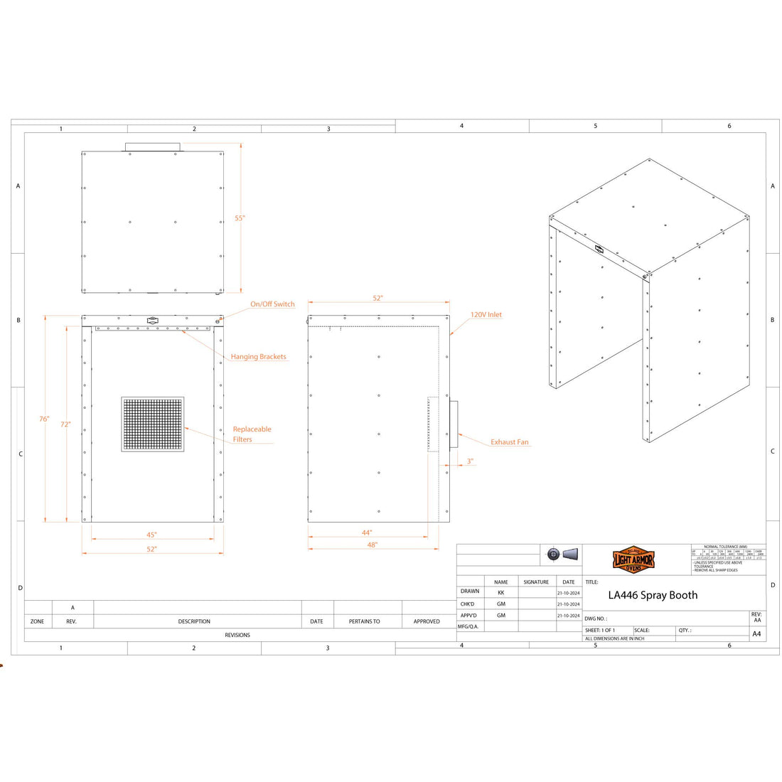 LA446 spray booth dimensional drawing (4' x 4' x 6')