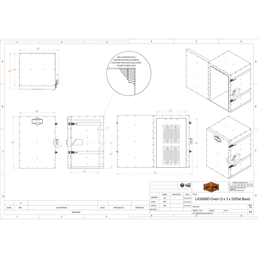 LA5000D powder coat oven dimensional drawing (3' x 3' x 5')