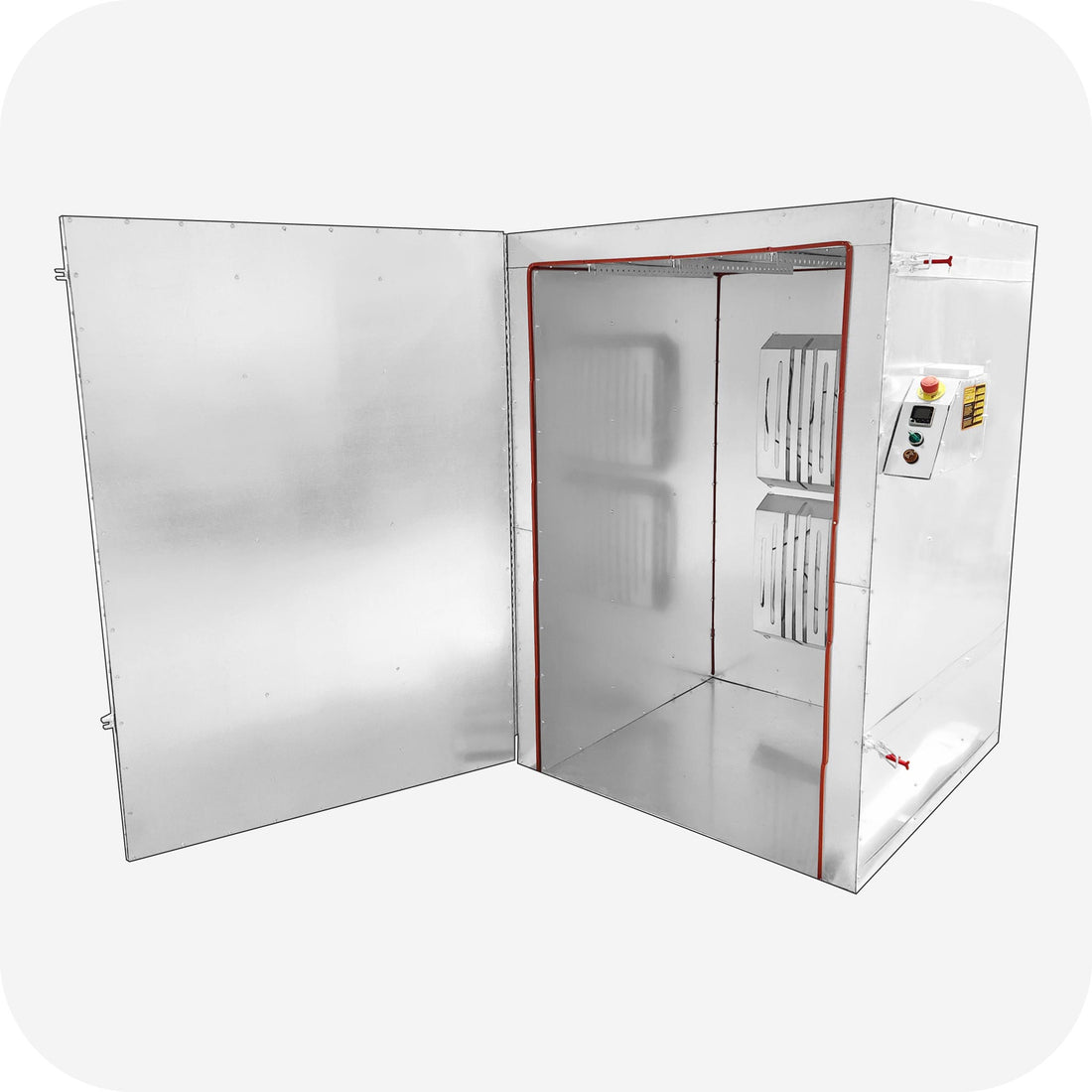 Inside the LA5000D powder coating oven showing insulated walls and element guards