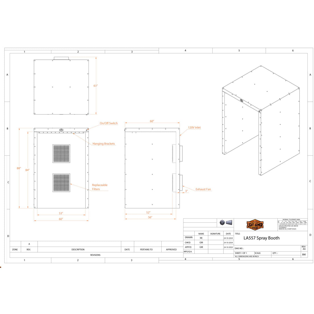 LA557 spray booth dimensional drawing (5' x 5' x 7')
