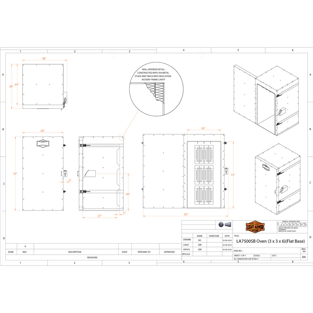 LA7500SB powder coat oven dimensional drawing (3' x 3' x 6')