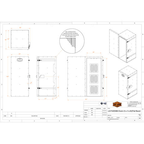LA7500SB8 powder coat oven technical drawing with dimensions
