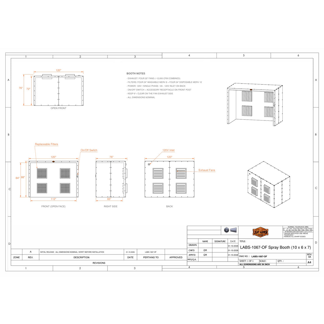 LABS-1067-OF open face spray booth dimensional drawing (10 x 6 x 7)