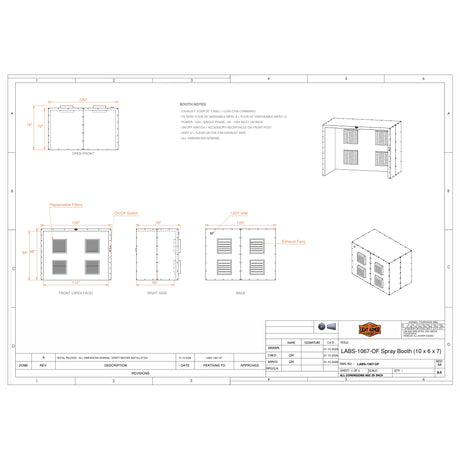 LABS-1067-OF open face spray booth dimensional drawing (10 x 6 x 7)