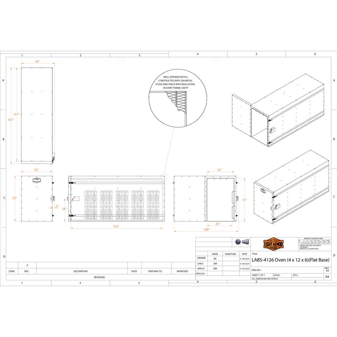 LABS-4126 powder coat oven dimensional drawing (4 x 12 x 6)