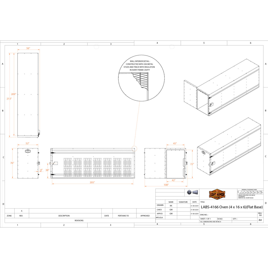 LABS-4166 powder coat oven dimensional drawing (4 x 16 x 6)