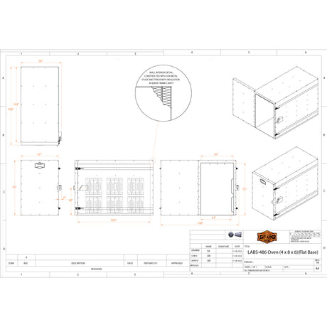 LABS-486 powder coat oven technical drawing with dimensions