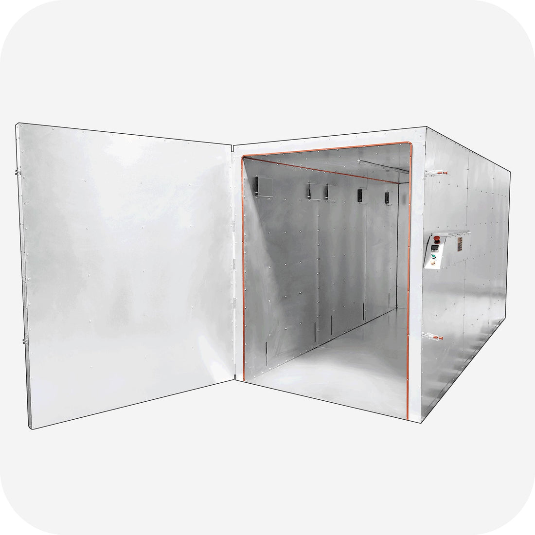 Inside a Light Armor batch style powder coating oven showing insulated walls and element guards